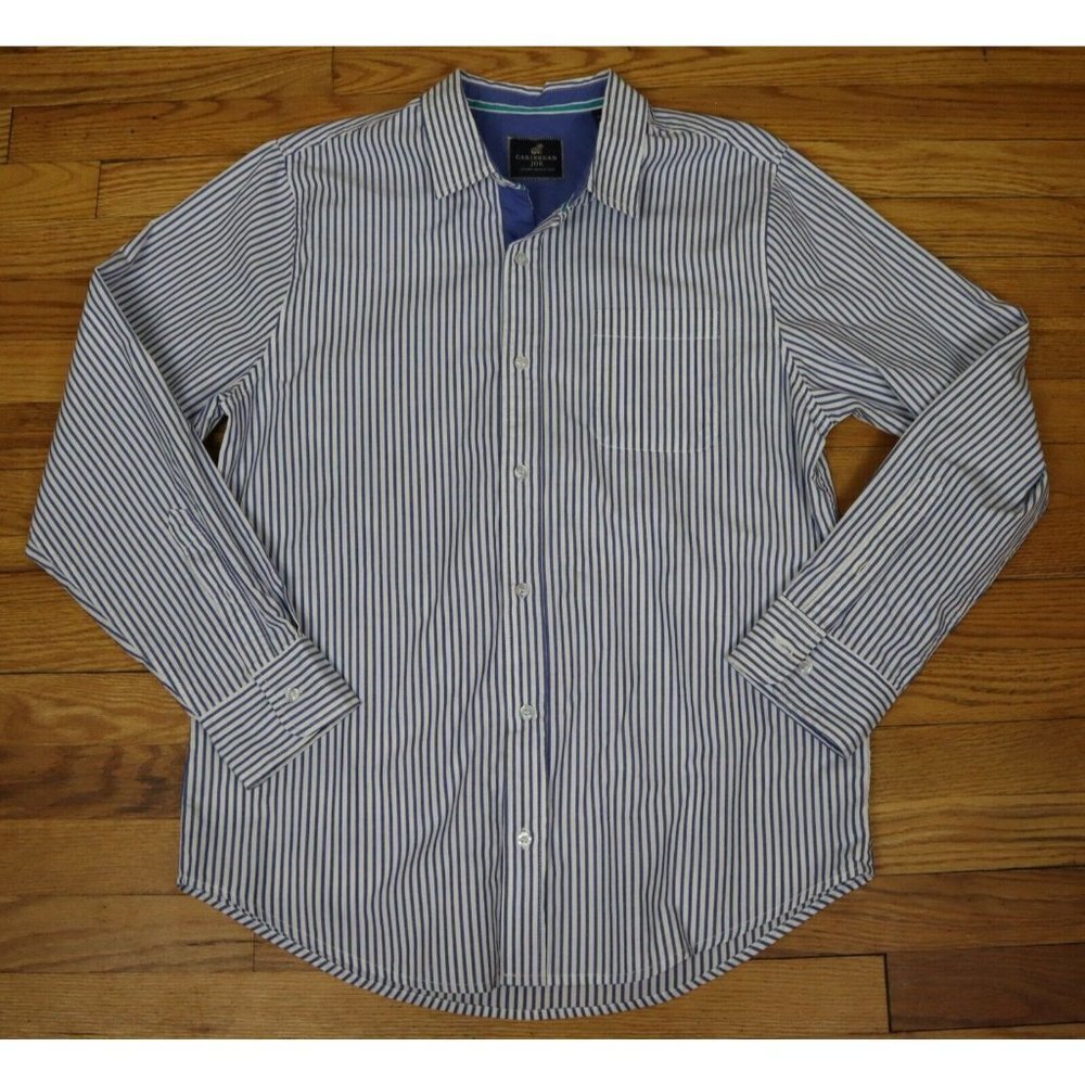 CARIBBEAN JOE MEN'S WHITE AND BLUE STRIPED BUTTON UP LONG SLEEVE SHIRT - SIZE S